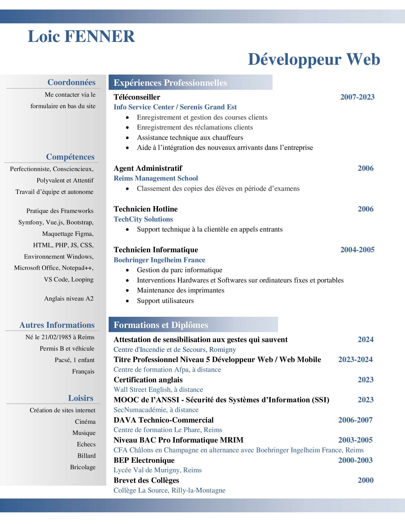 CV Loic Fenner Developpeur Web