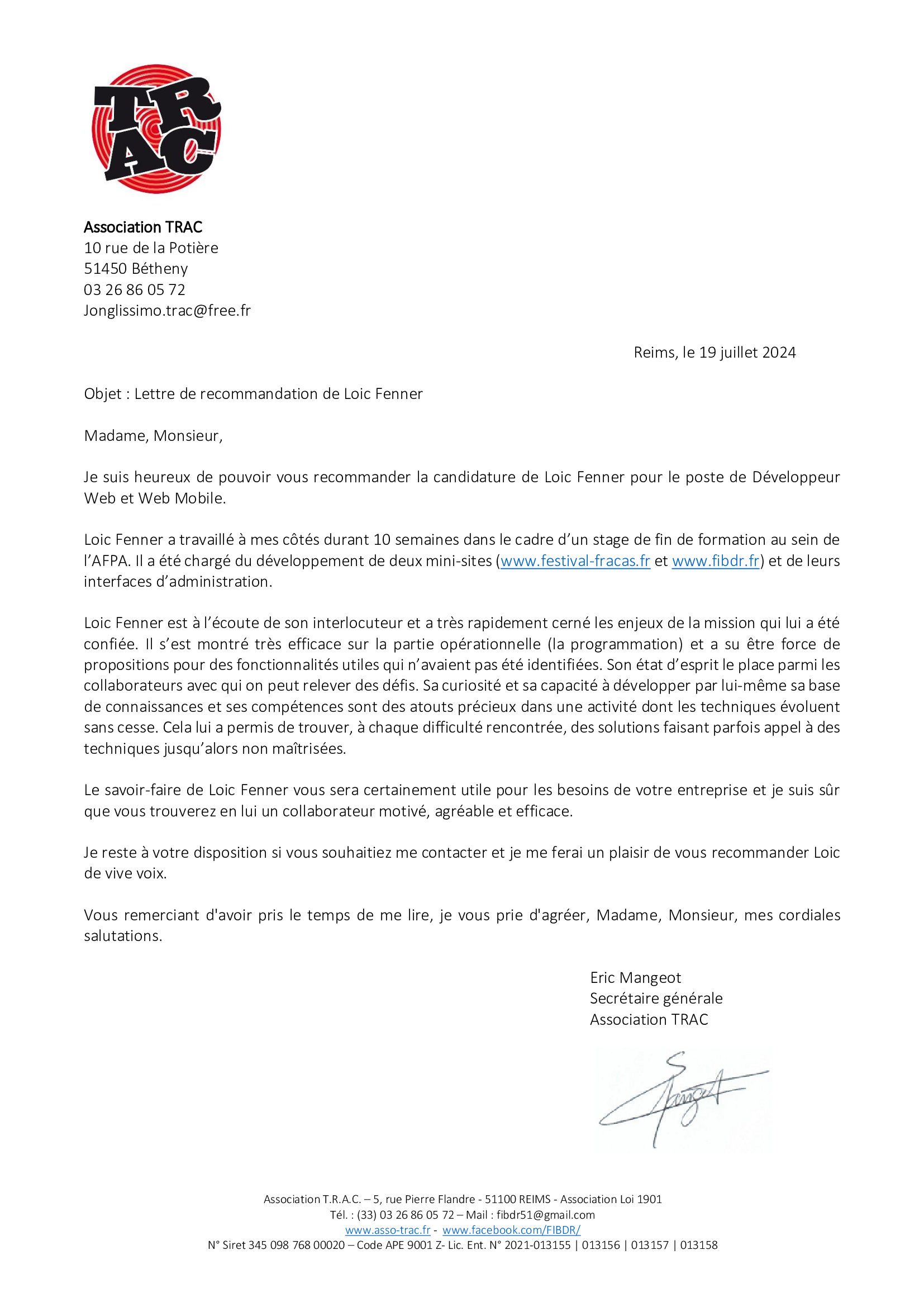 Lettre de recommandation Loic Fenner